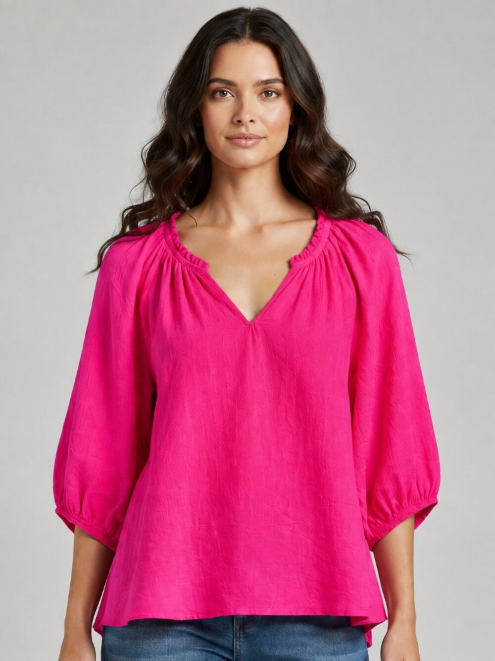 J.Jill Love Linen Hot Pink Ruffle V Neck Blouse XSP 100% Linen Barbiecore